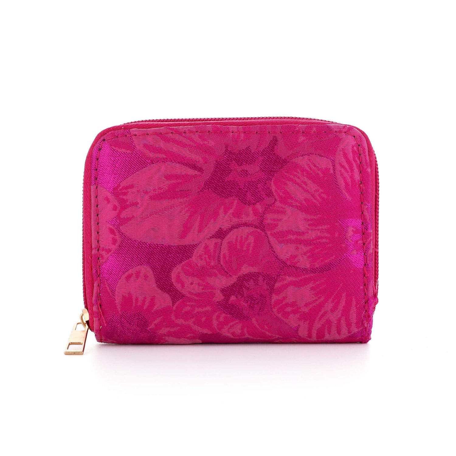 Roze portemonnee met bloemenprint 12x9,5cm ritsvak pasjesvakken briefgeld muntgeld compact goudkleurige rits