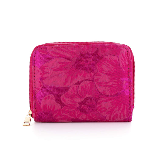 Roze portemonnee met bloemenprint 12x9,5cm ritsvak pasjesvakken briefgeld muntgeld compact goudkleurige rits