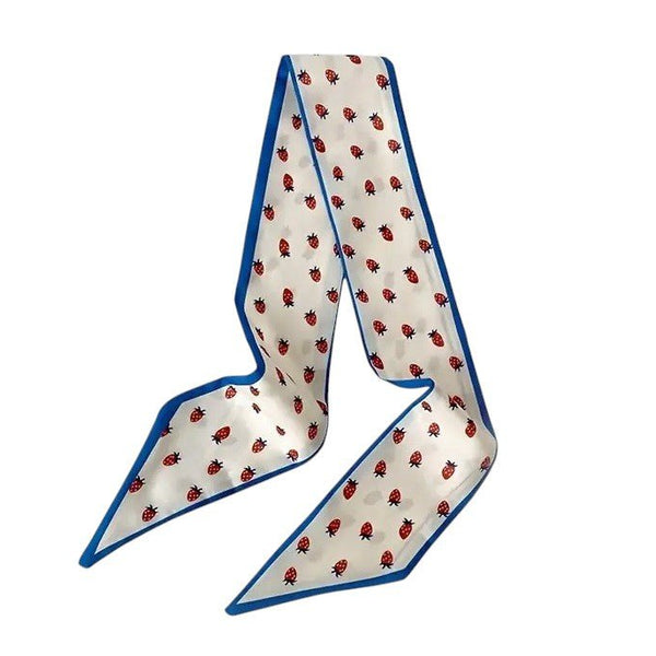 Smal Twilly Sjaaltje – Wit met Aardbeien Print en Blauwe Rand - Medase