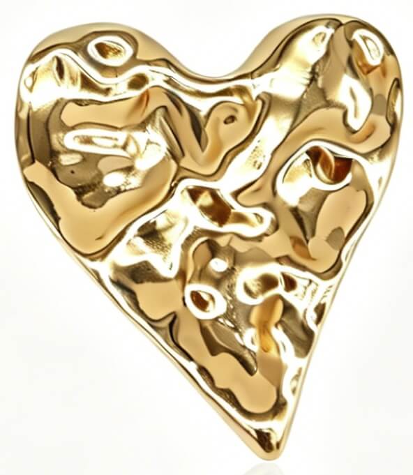 Goudkleurige statement hart broche 7 x 6 cm met organisch design en glanzende afwerking