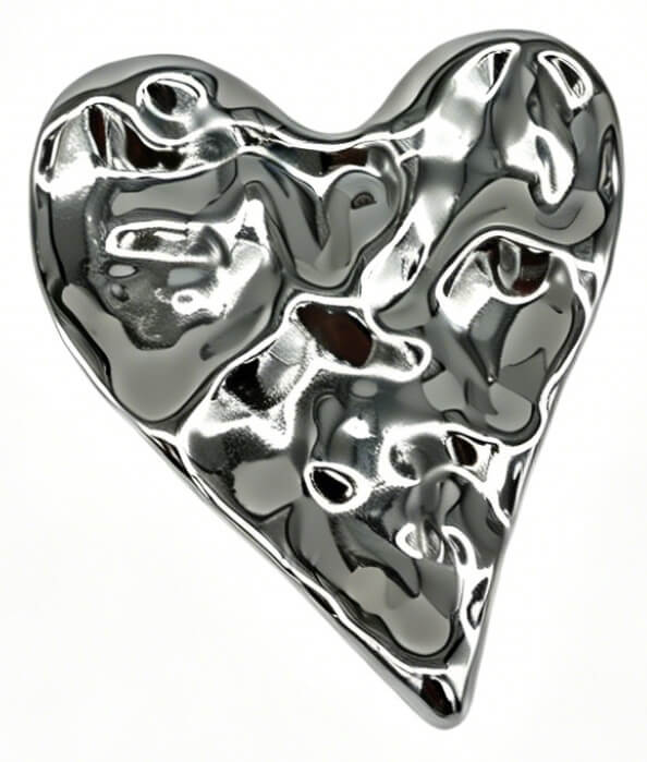 Zilverkleurige statement hart broche 7 x 6 cm met organisch design en glanzende afwerking