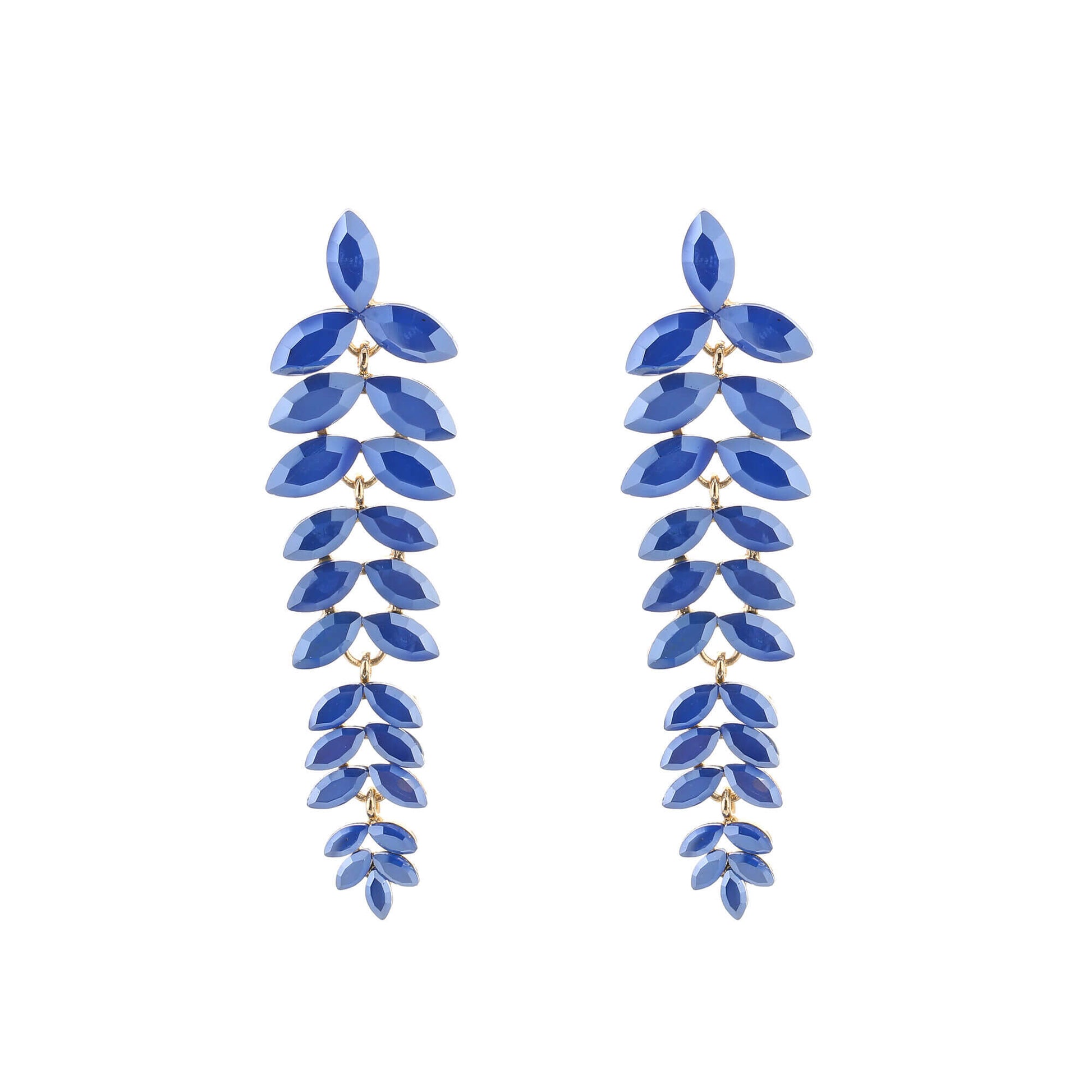 Statement oorbellen 8cm leaf cascade kristal marquise blauw goud glamour bruiloft feestelijk lange oorbellen