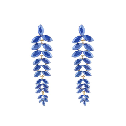 Statement oorbellen 8cm leaf cascade kristal marquise blauw goud glamour bruiloft feestelijk lange oorbellen