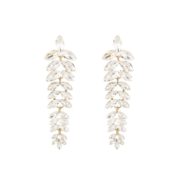 Statement oorbellen 8cm leaf cascade kristal marquise clear transparant goud glamour bruiloft feestelijk lange oorbellen