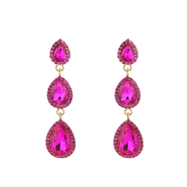 Statement oorbellen 7cm triple drop kristal druppel fuchsia wit roze multi iriserende goud zilver glamour bruiloft feestelijk