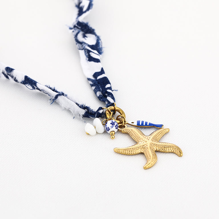 Stoffen ketting blauw wit met goudkleurige zeester bedel - Medase