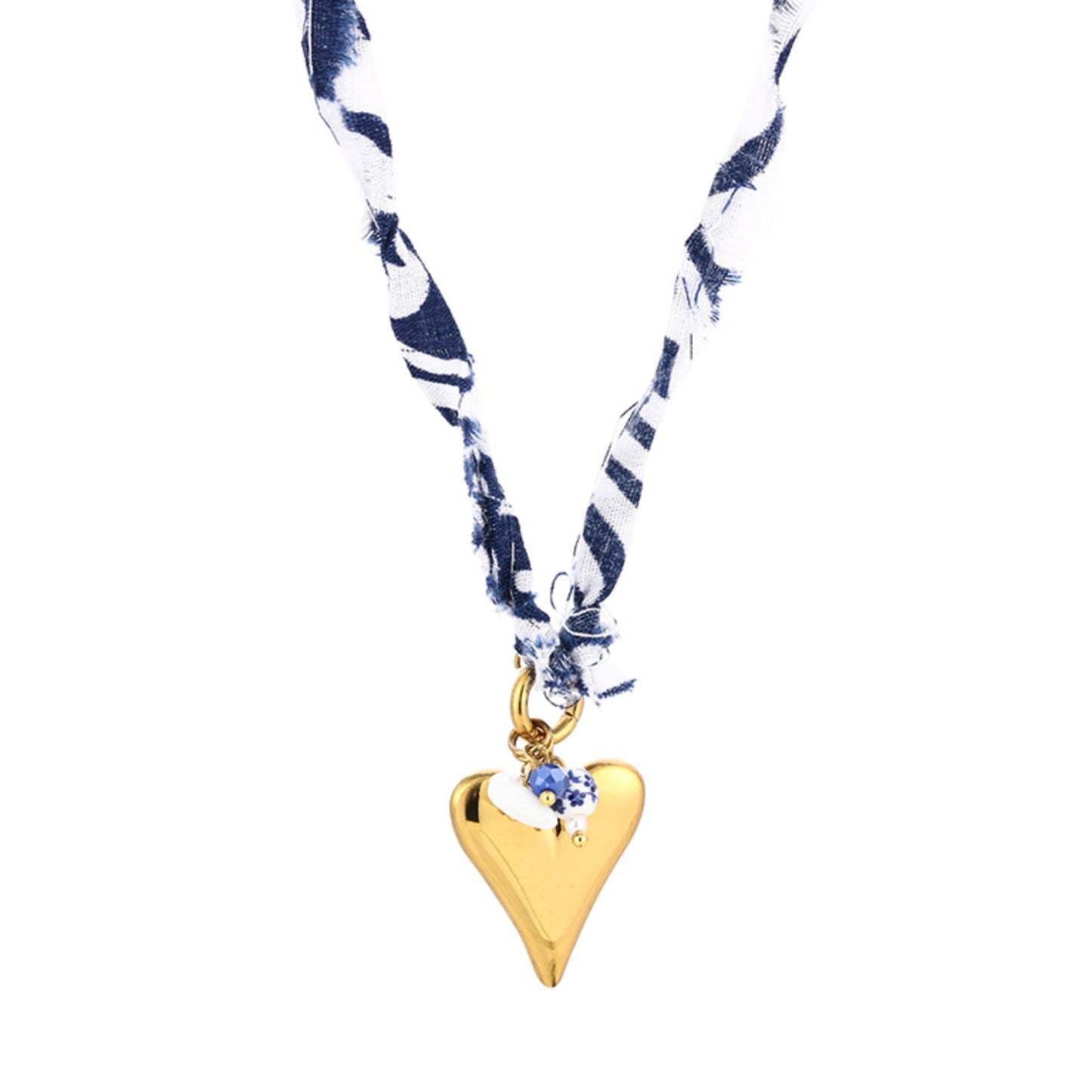 Stoffen ketting met gouden hart bedel en blauwe witte stof