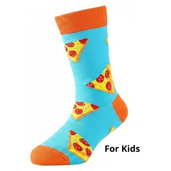 Turquoise kindersokken met pizzaprint en oranje details in maat 33-38