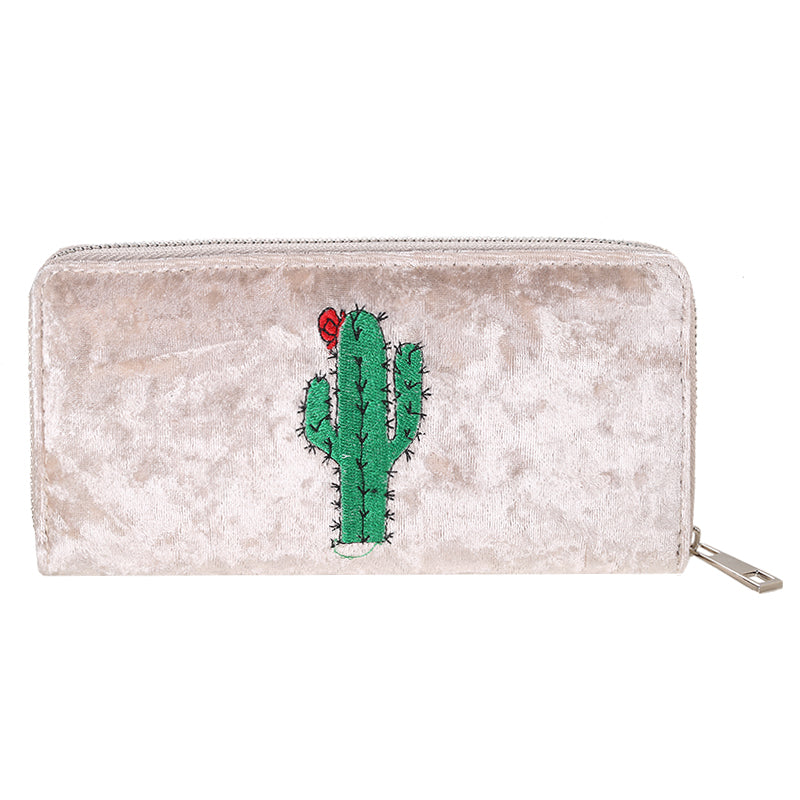Velours portemonnee 19x10cm beige cactus borduursel rode bloem glanzend luxe