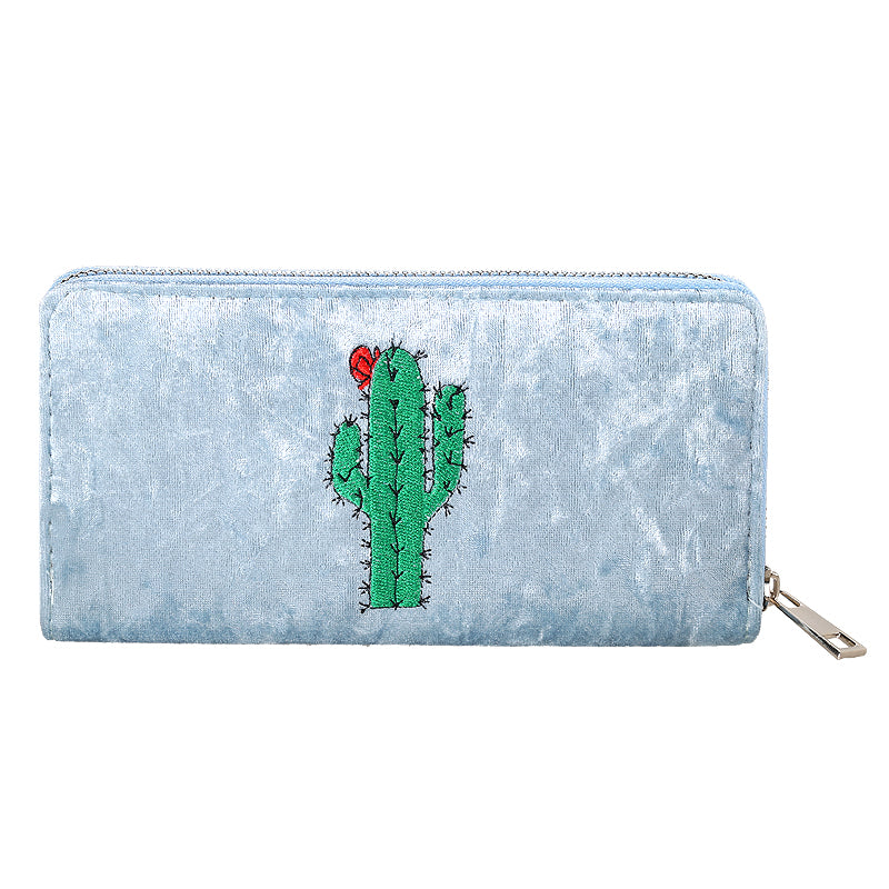 Velours portemonnee 19x10cm blauw cactus borduursel rode bloem glanzend luxe