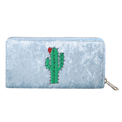 Velours portemonnee 19x10cm blauw cactus borduursel rode bloem glanzend luxe