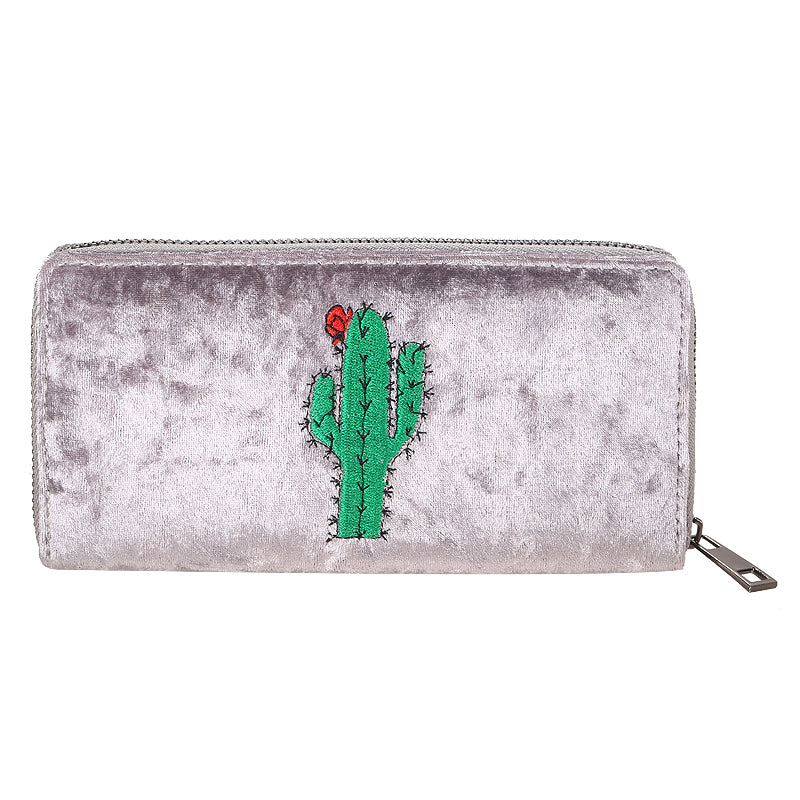 Velours portemonnee 19x10cm grijs cactus borduursel rode bloem glanzend luxe