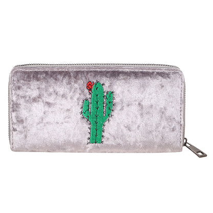 Velours portemonnee 19x10cm grijs cactus borduursel rode bloem glanzend luxe