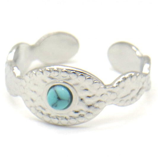 Verstelbare ring stainless steel zilver turquoise steen opengewerkt design bohemian elegant