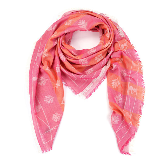 Vierkante sjaal 130x130cm 100% viscose roze oranje bladeren print luxe veelzijdig franjes