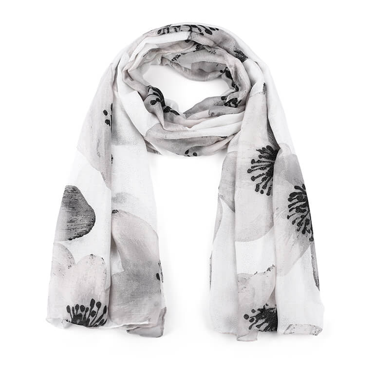 Wit grijze sjaal met bloemenprint en subtiele glitter - Medase