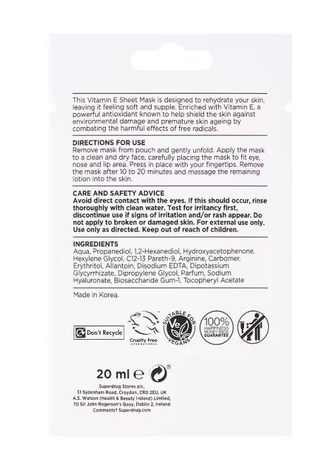 Vitamin E Sheet Mask Superdrug achterkant ingrediënten gebruiksaanwijzing 20ml