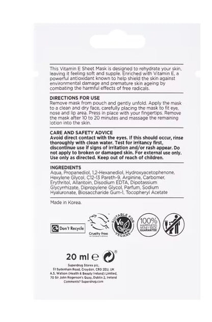 Vitamin E Sheet Mask Superdrug achterkant ingrediënten gebruiksaanwijzing 20ml