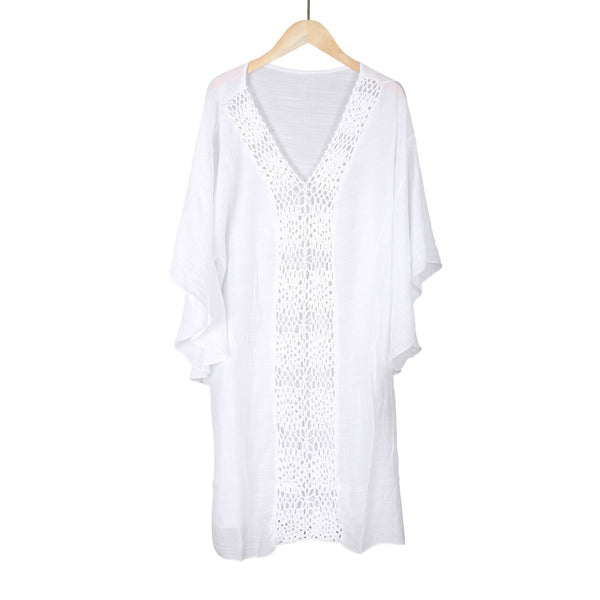 Witte tuniek met gehaakte details – luchtige strandjurk/kaftan dames - Medase