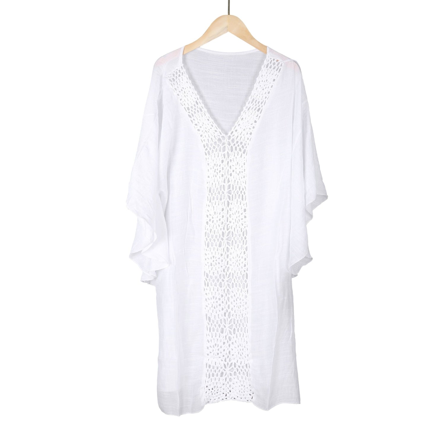 Witte tuniek met gehaakte details – luchtige strandjurk/kaftan dames - Medase