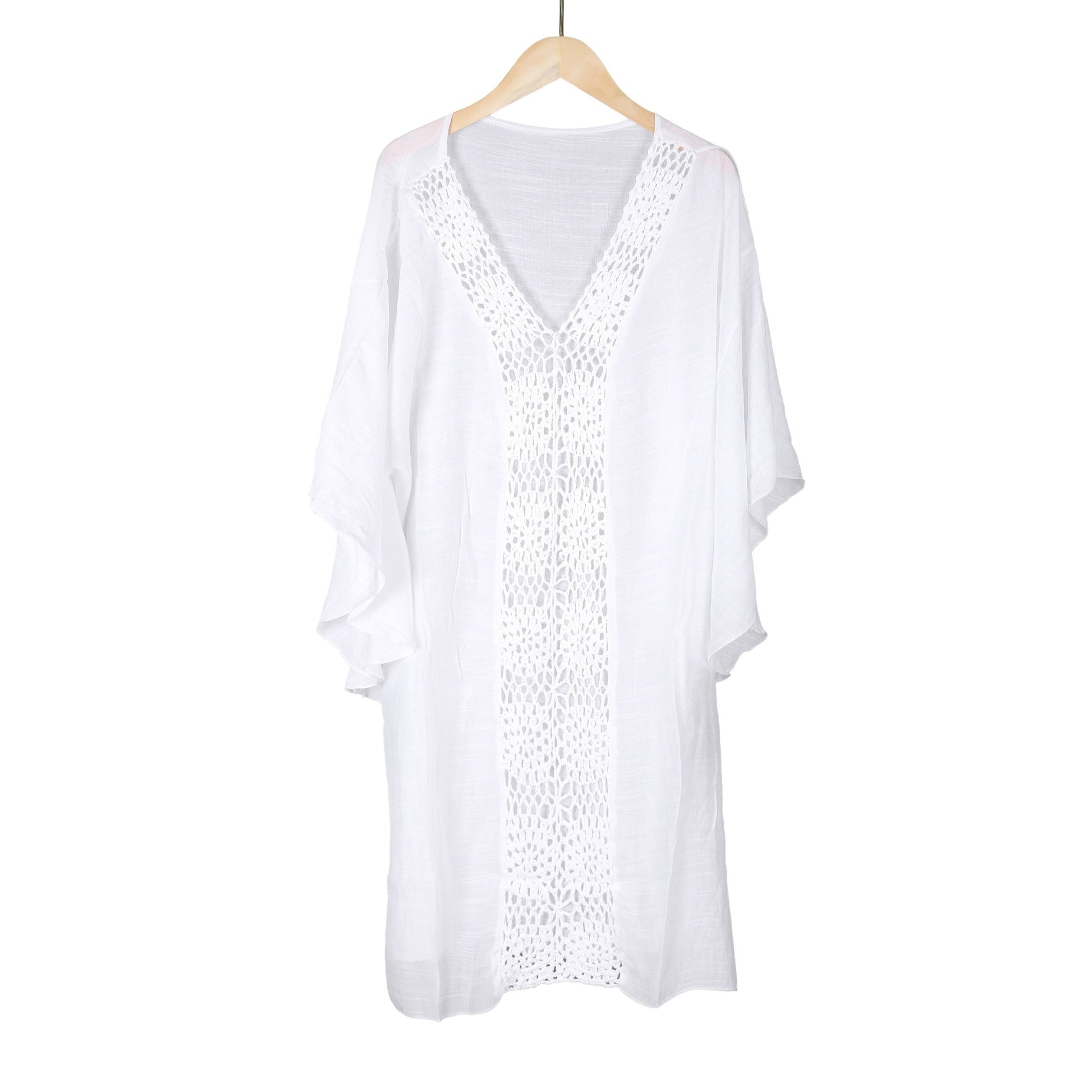 Witte tuniek met gehaakte details – luchtige strandjurk/kaftan dames - Medase